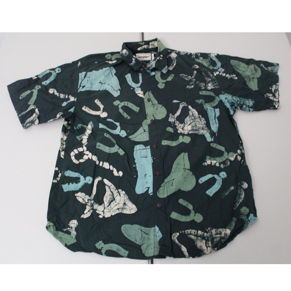 Straight Down Mens Large Green Batik Abstract Print Short Sleeve Button Up Shirt